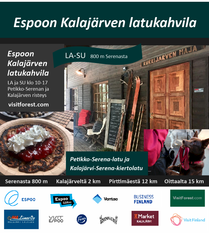 Latukahvila la ja su hiihtokaudella Espoossa, Kurkij�rven Maja, luonto- ja retkikohde Espoossa, Visit FOREST Espoo, korpikahvila, retkipaikka.